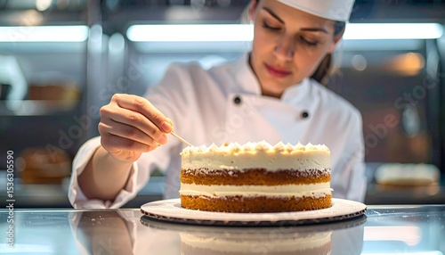 Baker Checking Doneness of Sponge Cake with Toothpick in Kitchen