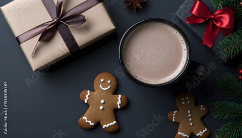 Seasonal Flat Lay of Hot Cocoa with Gingerbread and Gift Box