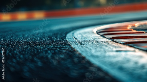 Close-up view of an empty F1 track highlighting the kerb detail. The wet asphalt glistens under the light, emphasizing the racing environment and its professional quality.