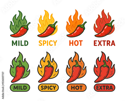 Chili Pepper Heat Scale Icon Set, Spicy Food Level Rating