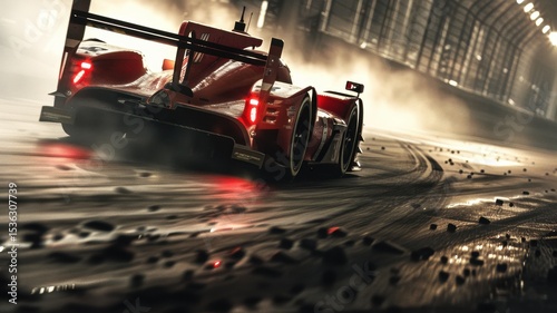 A high-speed race car gracefully exits a corner on the Le Mans track, leaving a trail of rubber and smoke in its wake, embodying the spirit of motorsport.