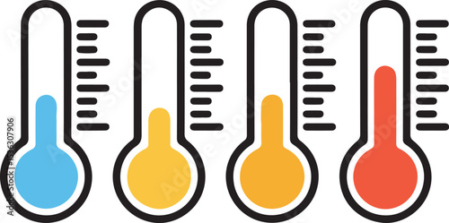 Four color thermometers showing temperature levels