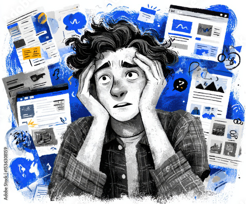 Person looks overwhelmed surrounded by multiple digital screens and documents, conveying stress and confusion