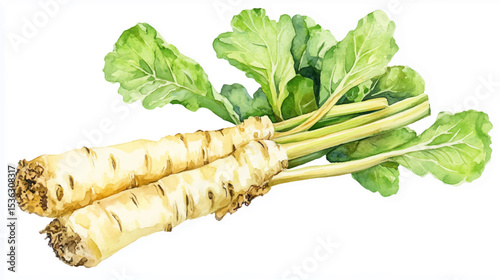 Vector illustration of watercolor paint, one single horseradish root of wasabi, isolated on white background
