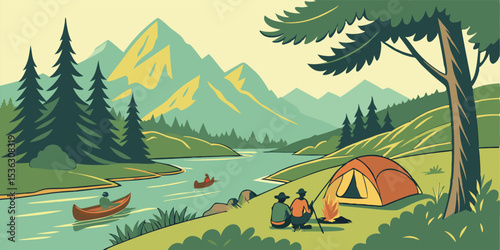Vector Art of Summer Camping near Lake and Mountains