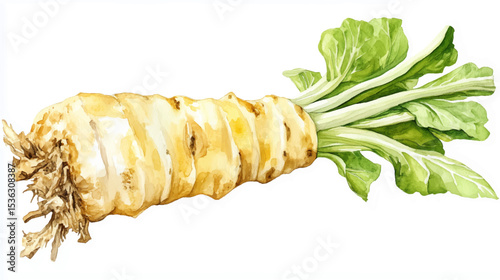 Vector illustration of watercolor paint, one single horseradish root of wasabi, isolated on white background