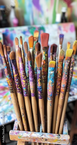 Colorful paintbrushes in a wooden holder, surrounded by vibrant art supplies