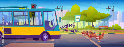 Ducks cross city road while yellow bus blares loud honk. Brown birds scatter from sound near green park, traffic lights overhead. Urban cartoon landscape with benches, buildings for game backgrounds.