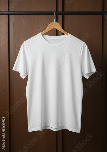 Mockup of white t-shirt hanging on a wooden hanger for apparel branding
 photo