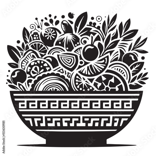 Black Greek Salad Silhouette Vector, High Quality Illustration on White Background