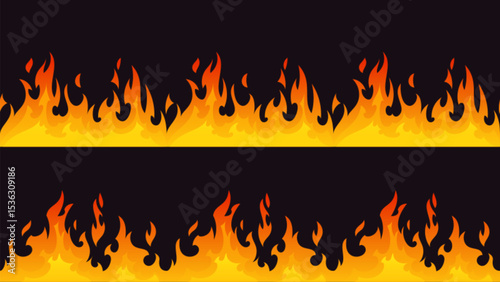 Fire border silhouette seamless pattern - orange yellow flames on black background, burning edge design with gradient heat effect, horizontal blaze decoration, hot danger warning strips dividers.