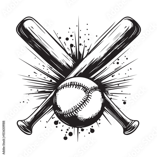 Two Crossed Baseball Bats And Ball Image Vector Isolated on white background.