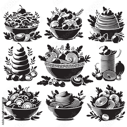 Black Greek Salad Silhouette Vector, High Quality Illustration on White Background