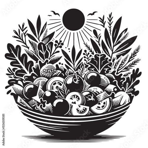 Black Greek Salad Silhouette Vector, High Quality Illustration on White Background