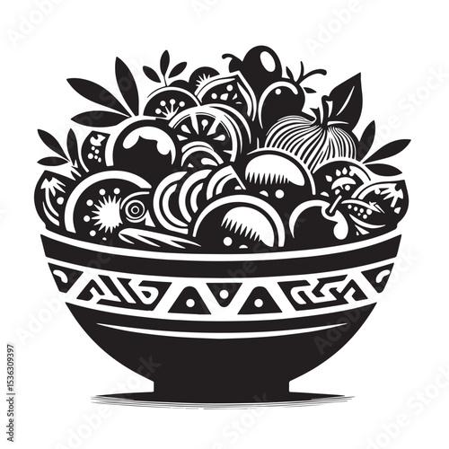 Black Greek Salad Silhouette Vector, High Quality Illustration on White Background