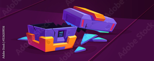 Broken sci-fi cube game assets - purple geometric fragments with orange accents, shattered crystalline pieces on dark background. Futuristic elements for digital cyberpunk style destruction effects.