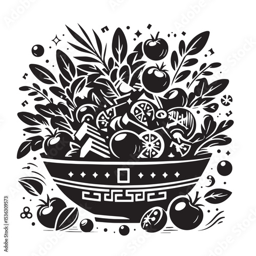 Black Greek Salad Silhouette Vector, High Quality Illustration on White Background