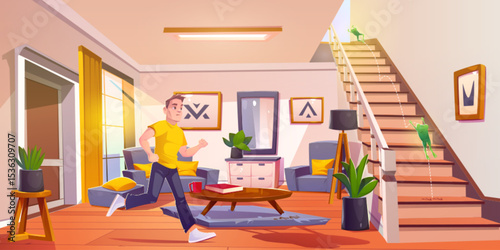 Man runs to catch jumping frog in living room - green creature leaps up wooden stairs while person chases. Cozy home interior with sofa and armchair, potted plants and coffee table, floor lamp.
