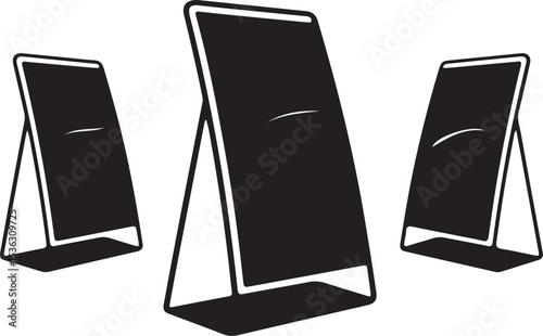 Three black triangular digital signage displays