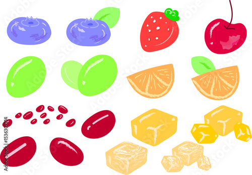Fruit and red beans separated against a white background. Summer colorful background. Delicious food collection. Simple modern design. Flat style vector illustration.