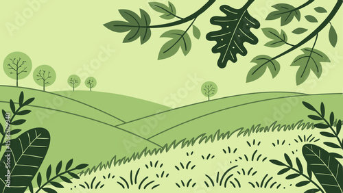 This paper-cut and craft-style vector illustration of the rainy season features a lovely pond surrounded by plants, grass, butterflies, and rainfall.