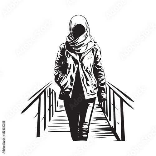 Confident Muslim Woman in Sportswear Crossing the Bridge with Grace and Style Vector