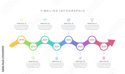 Business road map timeline infographic concept. with icons and 8 steps. Can be used for workflow layout, icons, arrow, diagrams. annual report and  Milestone information. Vector illustration.