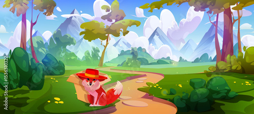 Forest adventure with fox wearing red hat sitting beside cardboard box. Scenic path winding through trees and lush greenery to mountains. Playful woodland character for children books or game nature.