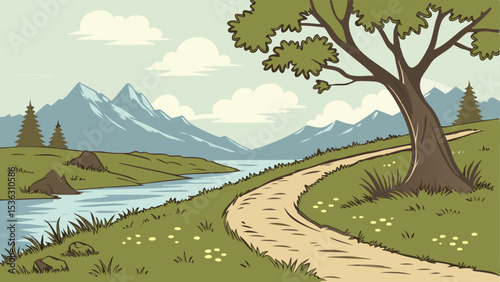 This paper-cut and craft-style vector illustration of the rainy season features a lovely pond surrounded by plants, grass, butterflies, and rainfall.