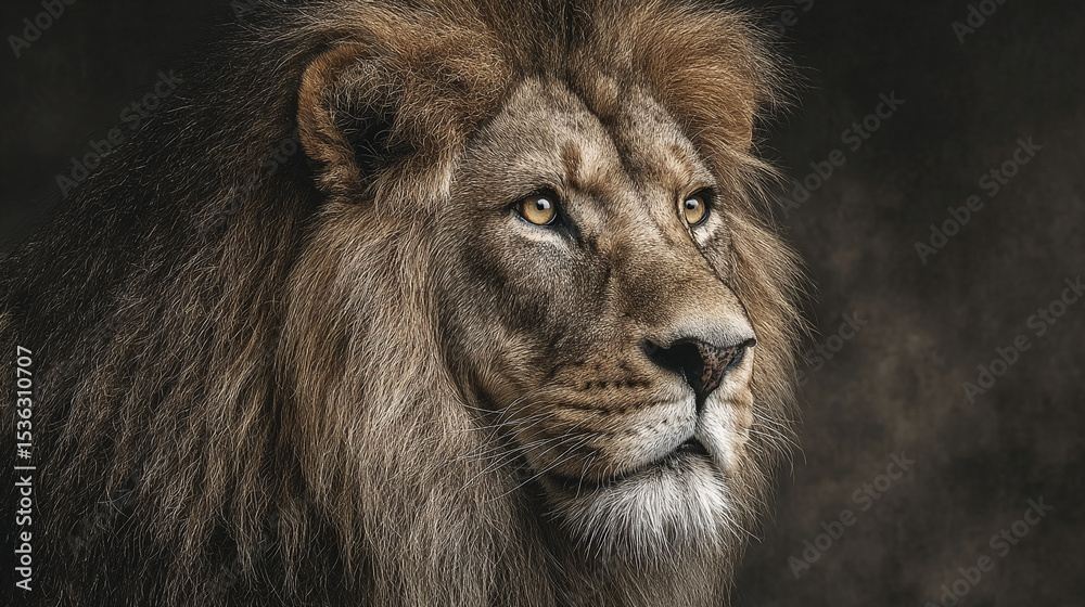 Majestic male lion in profile against a warm tan textured background. Symbolizes strength, courage, nobility, and the wild beauty of nature.
Majestic male lion in profile against a warm tan textured background. Symbolizes strength, courage, nobility, and the wild beauty of nature.