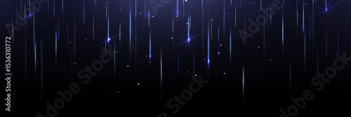 Blue shooting star shower with falling light streaks across dark night sky. Cosmic meteor rain effect with bright celestial trails and glowing particles. Space bg for astronomy or magical design.