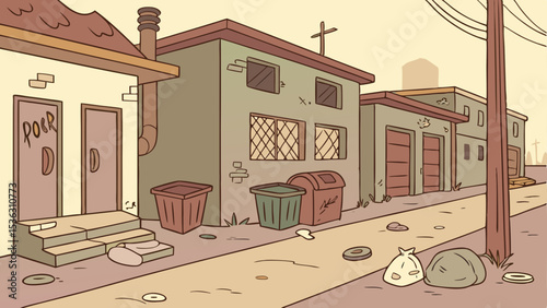 Slum dwellings, ghetto streets at night, and old structures with glow windows and graffiti on the walls. Roadside deteriorated homes with lights, fire hydrants, and trash cans vector cartoon