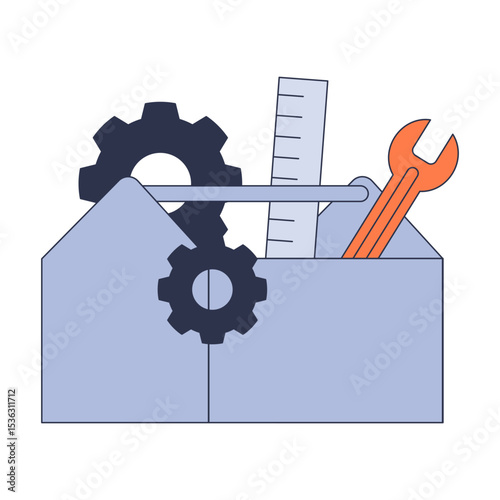 A minimalist toolbox icon with essential tools like a wrench, ruler, and gears. Represents settings, configuration, or a basic toolkit for repair and maintenance.