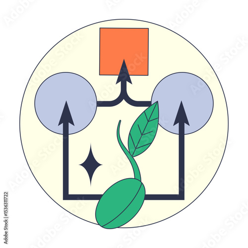 An abstract illustration of a sprouting seedling at the base of a flowchart. It symbolizes the growth of an idea into a structured process, representing development, planning, and strategy.