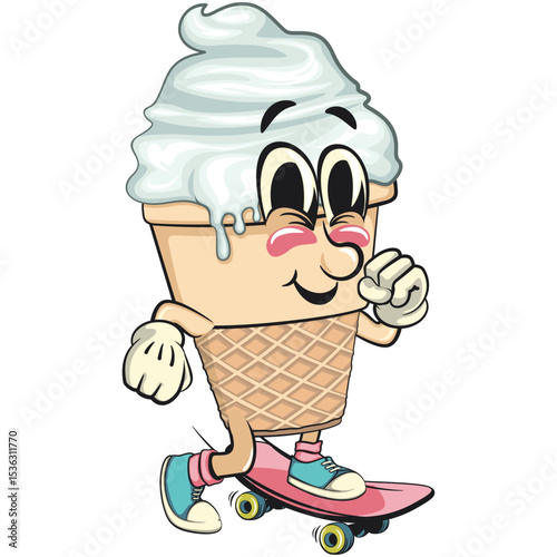 cute ice cream cone mascot cartoon vector character with waffle cone and vanilla topping playing skateboard, work of hand drawn