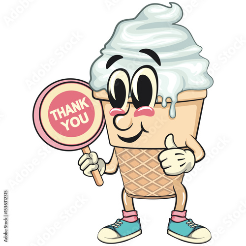 cute ice cream cone mascot cartoon vector character with waffle cone and vanilla topping say thank you, fun citrus character vector for summer, work of hand drawn