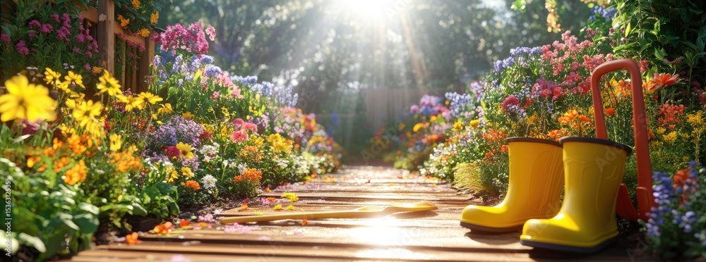Obraz premium Colorful flower garden path with yellow rain boots