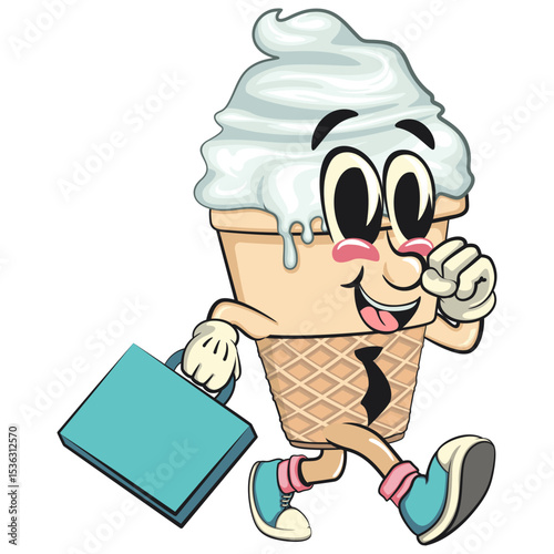 cute ice cream cone mascot cartoon vector character with waffle cone and vanilla topping with a suitcase rushing to the office, work of hand drawn