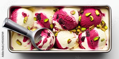 Pistachio and berry swirl ice cream served in a metal container with a scoop.