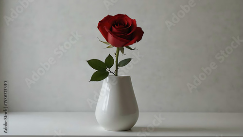 Elegant Single Red Rose in a Modern White Vase Against a Minimalist Background