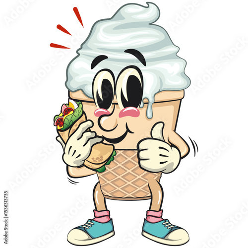 cute ice cream cone mascot cartoon vector character with waffle cone and vanilla topping with burritos while giving thumbs up, work of hand drawn
