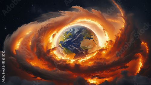 Majestic planet engulfed in swirling orange and yellow space dust. A dramatic sci-fi visual with sharp clarity and galactic intensity.