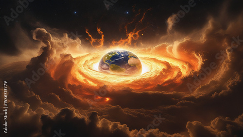 Breathtaking cosmic storm consuming Earth in vibrant flames. Powerful contrast and deep space backdrop deliver awe-inspiring realism.
