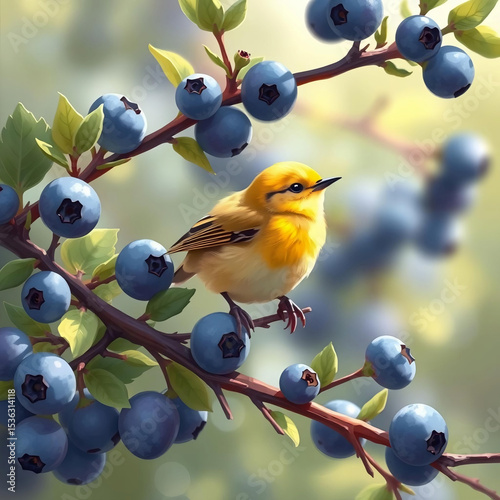 Bird on blue berry branch 