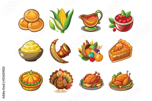 Colorful thanksgiving dinner illustrations featuring traditional food and festive holiday elements
