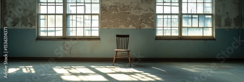 Empty room with a single chair and large windows