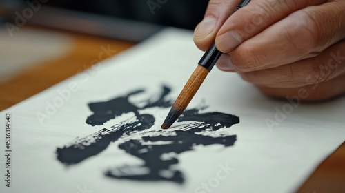 Close Up of Hand Painting Ink Brushstrokes on Paper