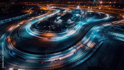 Stunning aerial view of an illuminated F1 track at night, showcasing vibrant lights and fast-moving cars, capturing the excitement of the racing atmosphere.