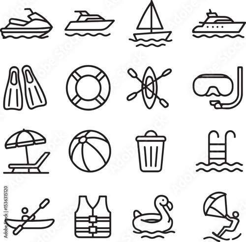 water activities and items icon set minimalist line art vector illustration