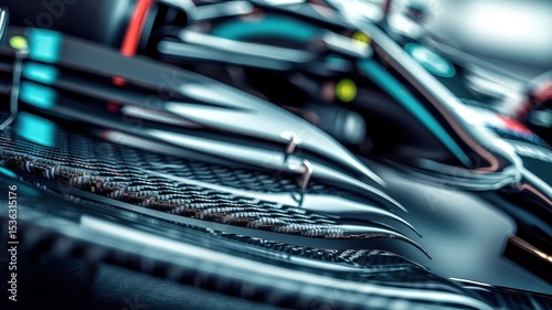 Stunning close-up view showcasing the intricate details of a Formula 1 car's front wing and tires, highlighting the advanced engineering and sleek design.